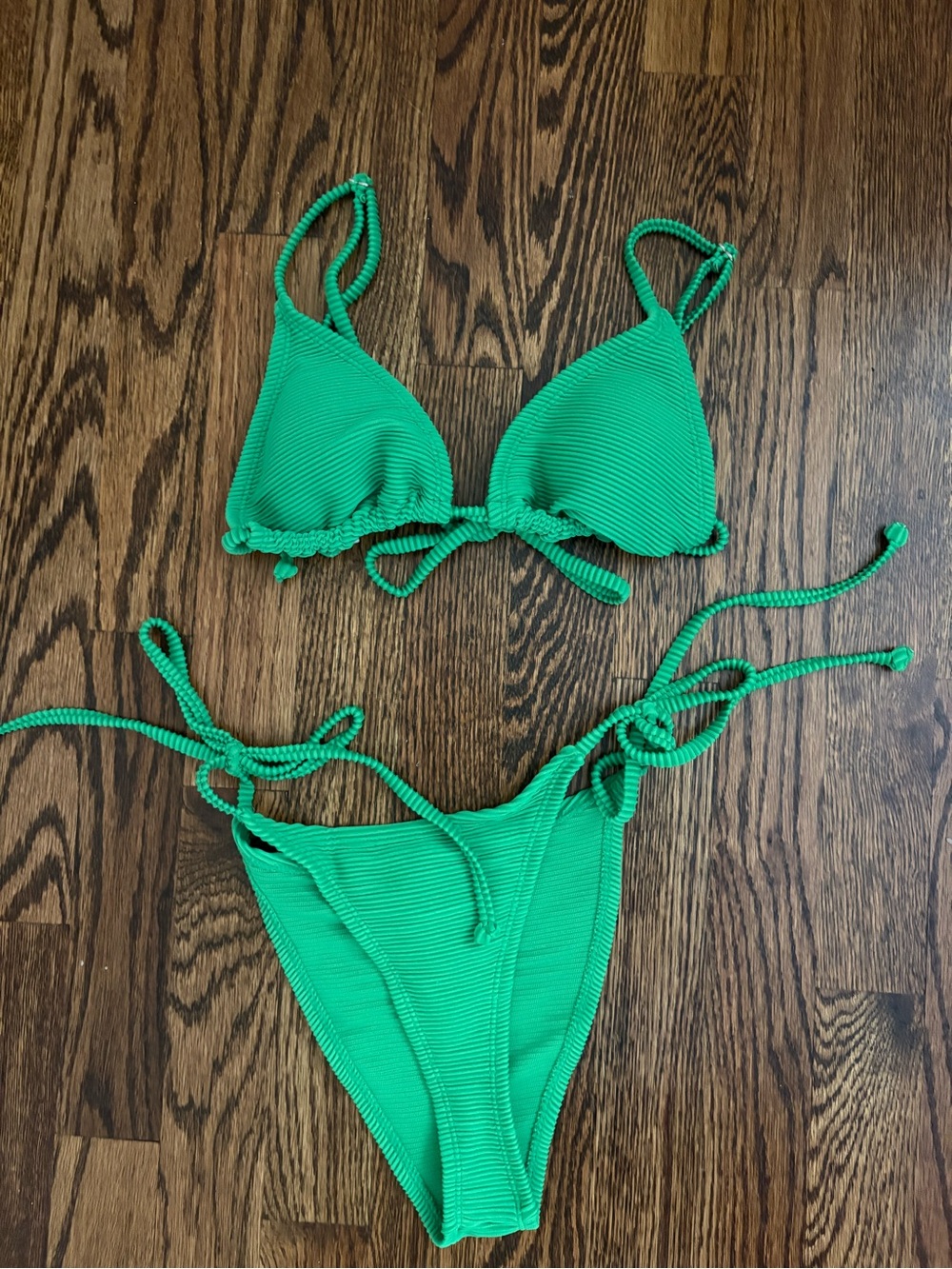 Green Ribbed Tie Bikini Set